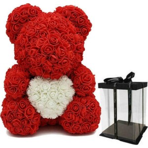 Αρκουδάκι από Τεχνητά Τριαντάφυλλα Κόκκινο με Καρδιά 40cm Σε Κουτί