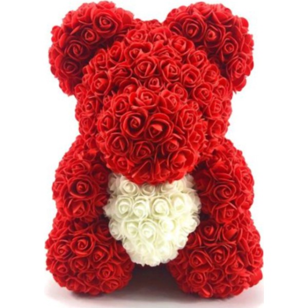 Αρκουδάκι από Τεχνητά Τριαντάφυλλα κόκκινο με άσπρη καρδιά 29cm
