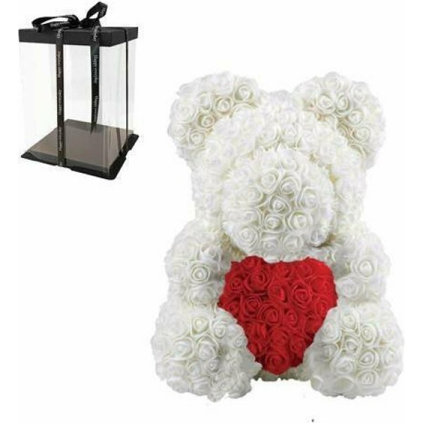 Αρκουδάκι από Τεχνητά Τριαντάφυλλα άσπρο με κόκκινη Καρδιά 40cm Σε Κουτί