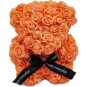 Αρκουδάκι από τεχνητά Τριαντάφυλλα πορτοκαλί σε κουτί 40cm